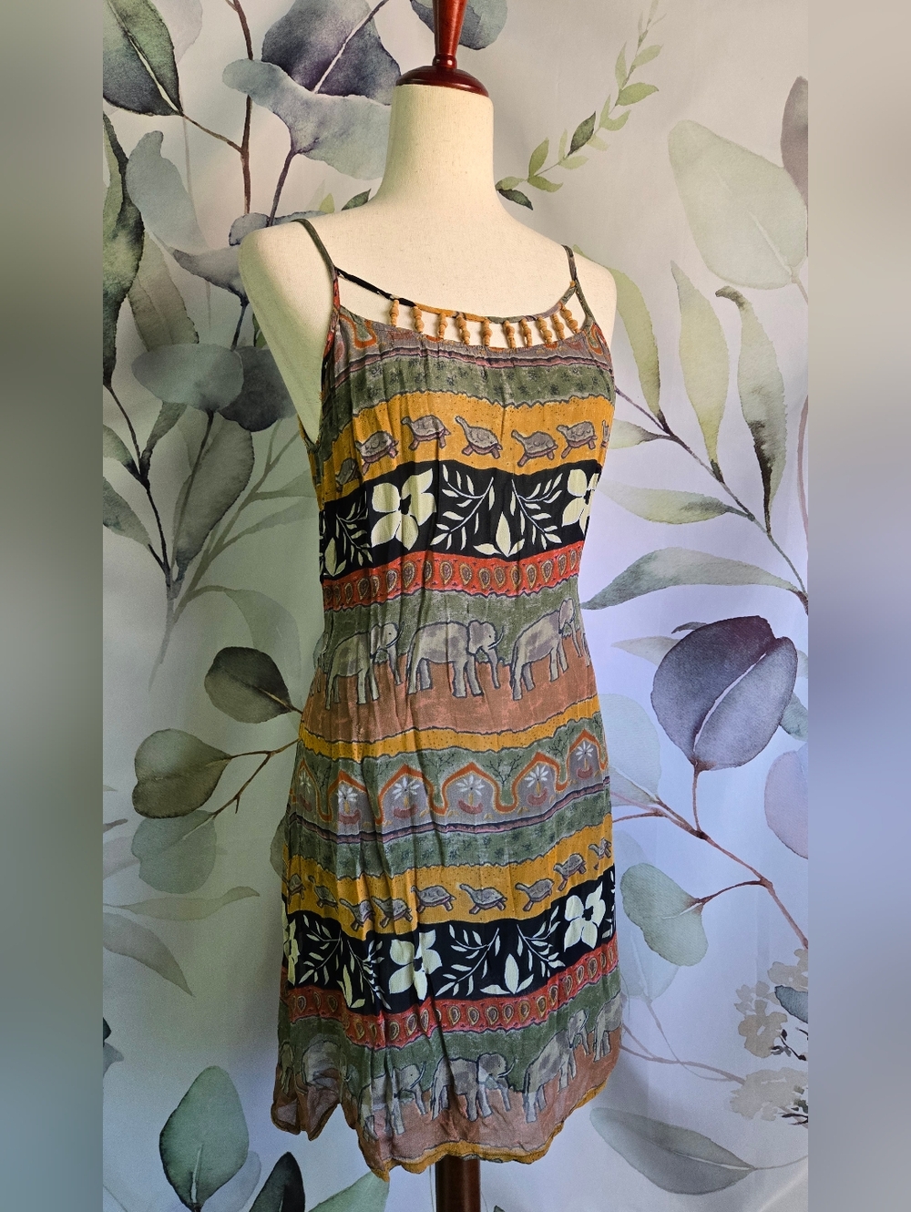 BILA | Vintage Strappy Floral Elephant & Turtle Beaded Rayon Dress sz L